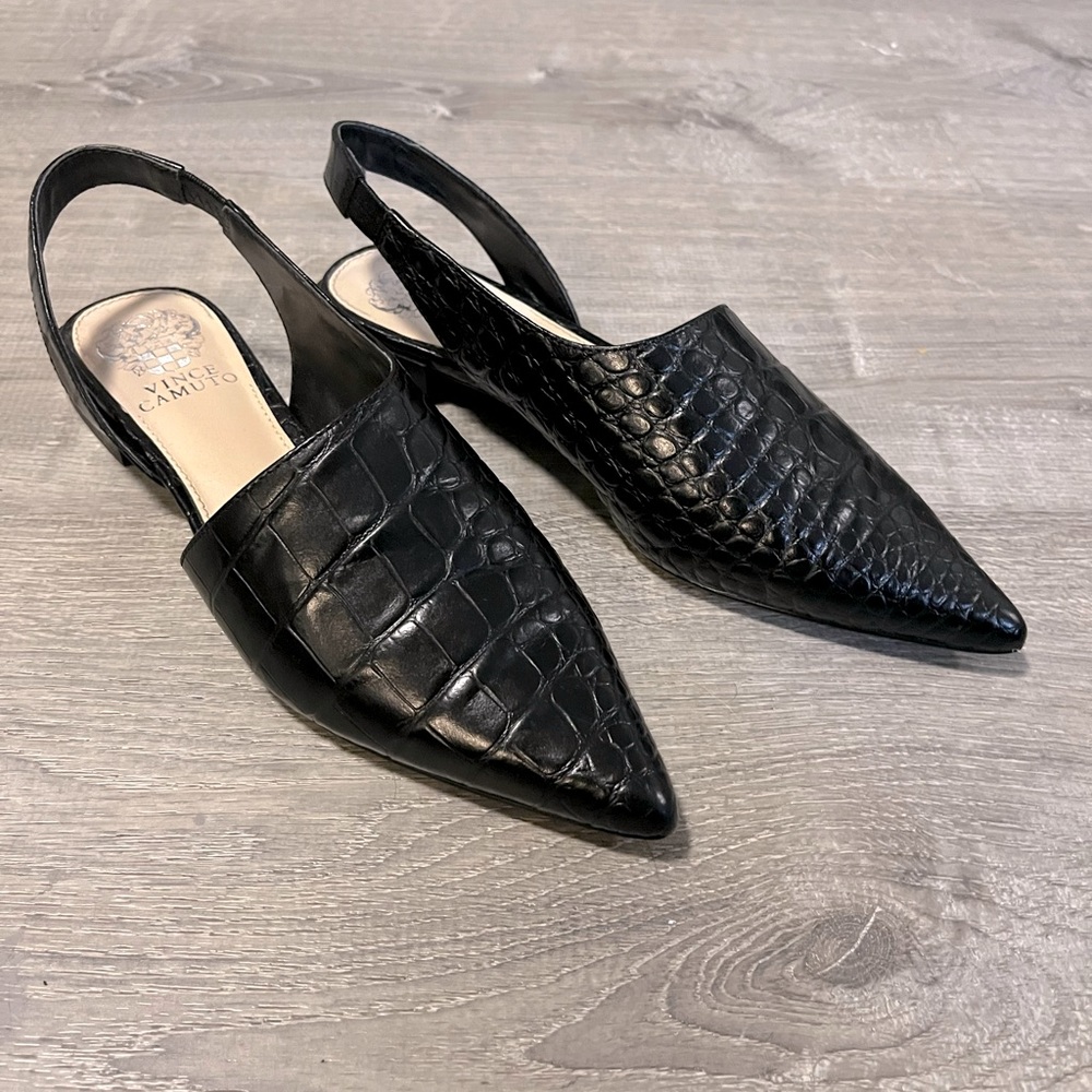 Vince Camuto Black Croc-Embossed Pointed Slingback Flats